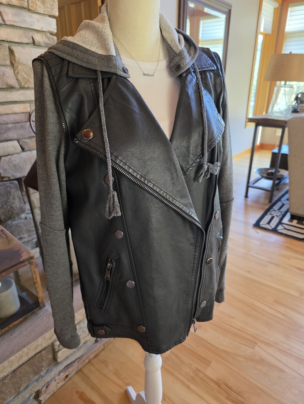 Women’s Black Faux Leather Moto Jacket with Gray Detachable Hoodie